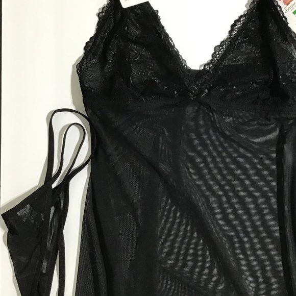Womens Black Size Large Lacey Chemise & G-String Set Rene Rofe Sexy Slinky - Picture 7 of 7